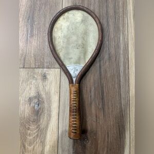 Vintage Wooden ping pong paddle with rattan handle and seal.  Circa 1920’s-30’s